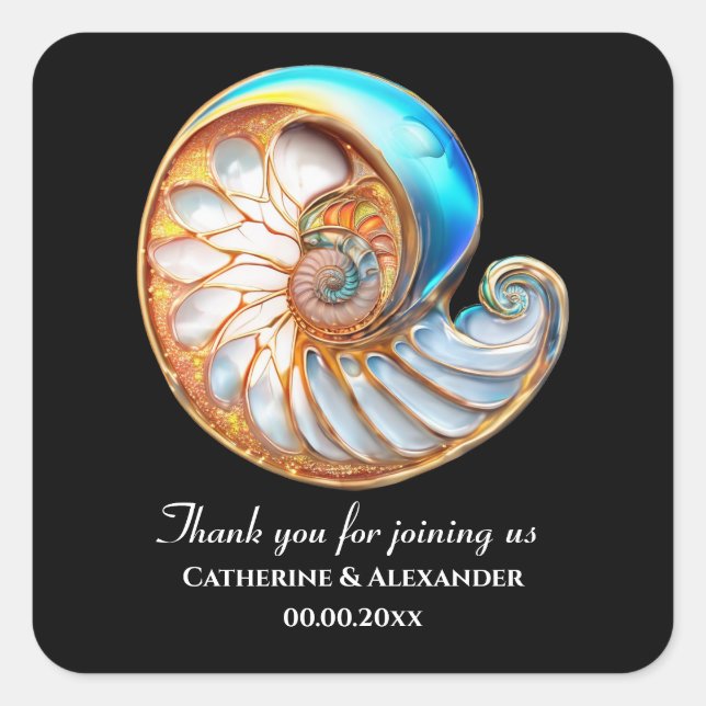 Blue Ivory Shell Coastal Wedding Thank You Square Sticker (Front)
