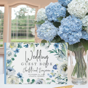 Blue Ivory Spring Watercolor Floral Chic Wedding Guest Book