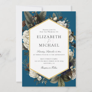 Blue Ivory Winter Bouquet Painted Flowers Wedding Invitation