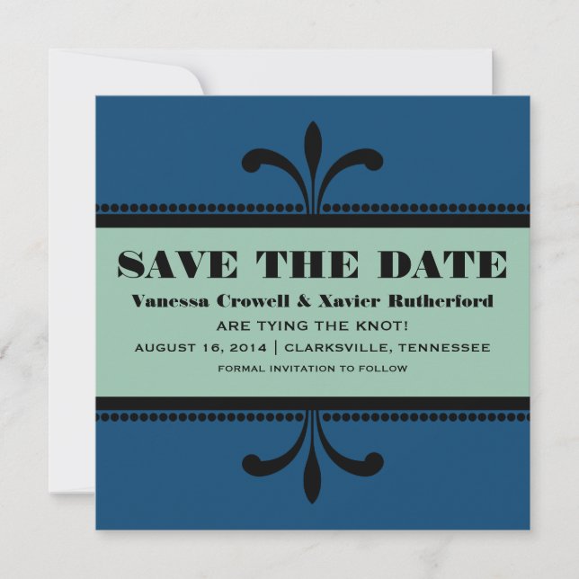 Blue/Jade Fancy Art Deco Save the Date Invite (Front)
