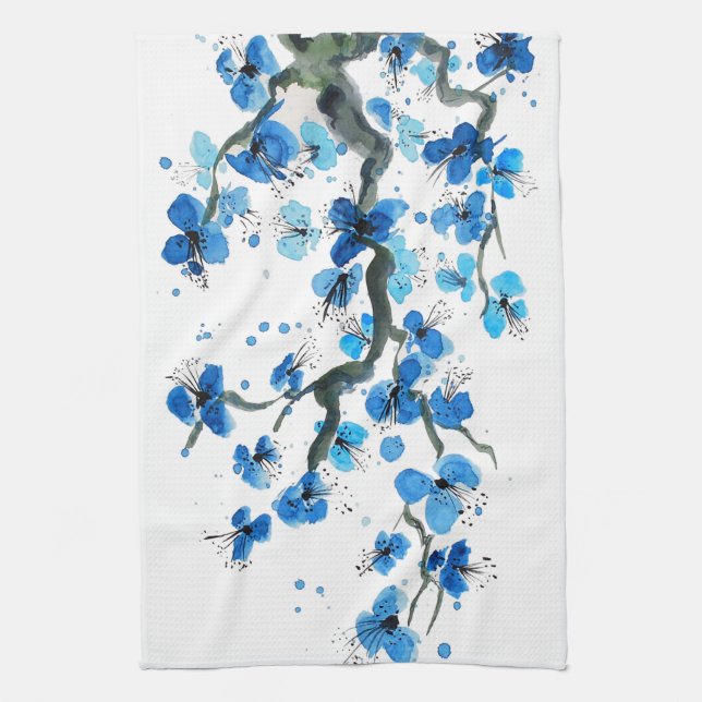 Blue Japanese Blossoms Kitchen Towel (Vertical)