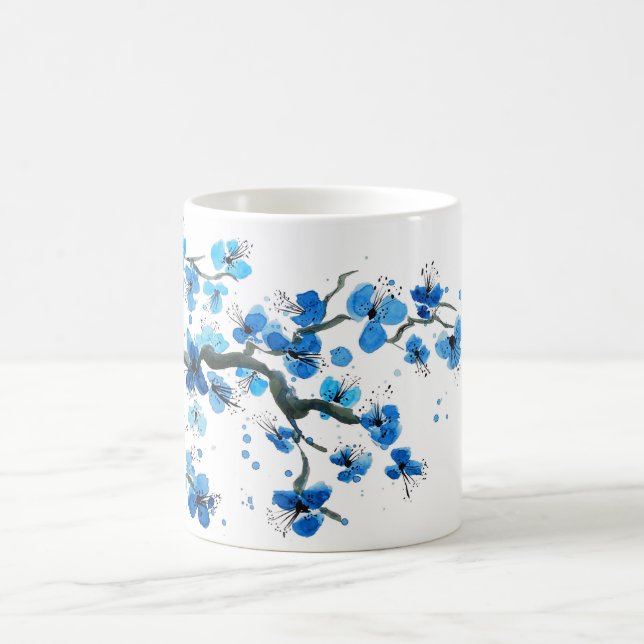 Blue Japanese Blossoms Watercolor Coffee Mug (Center)