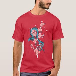 Blue Japanese Dragon with Sakura Blossom Tree T-Shirt