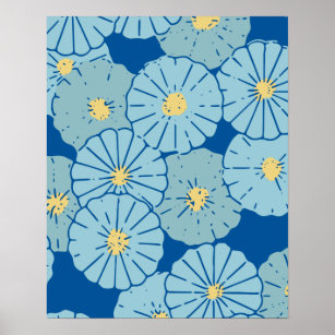 Blue Japanese Floral Pattern Illustration Poster