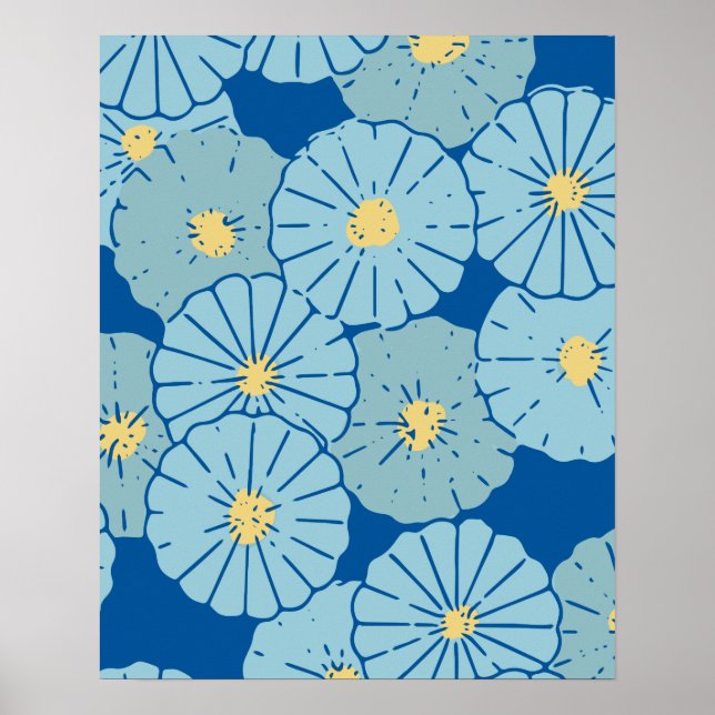 Blue Japanese Floral Pattern Illustration Poster (Front)