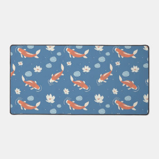 Blue Japanese Koi Fish and Lotus Pond Design Desk Mat