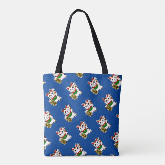 Blue Japanese Lucky Cat Pattern Tote Bag (Back)