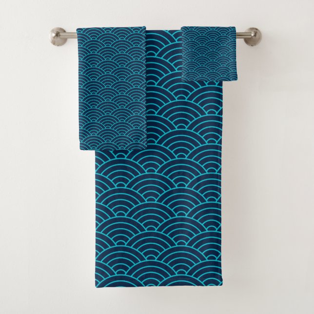 Blue Japanese Seigaiha Sea and Waves Bath Towel Set (Insitu)