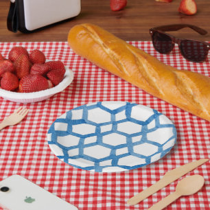 Blue Japanese Shibori polygon watercolor pattern Paper Plate