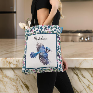 Blue Jay and Colourful Blue n Pink Berries Monogra Tote Bag