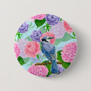 Blue jay and flowers watercolor pattern 6 cm round badge