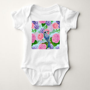 Blue jay and flowers watercolor pattern baby bodysuit