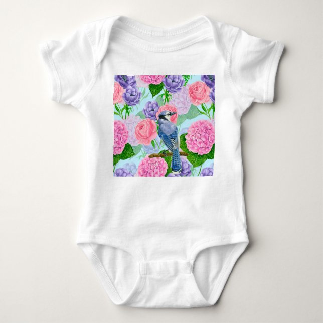 Blue jay and flowers watercolor pattern baby bodysuit (Front)