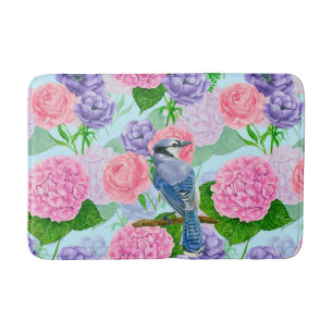 Blue jay and flowers watercolor pattern bath mat