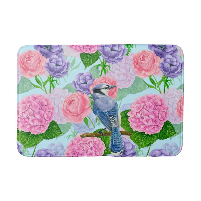 Blue jay and flowers watercolor pattern bath mat (Front)