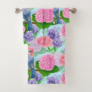 Blue jay and flowers watercolor pattern bath towel set