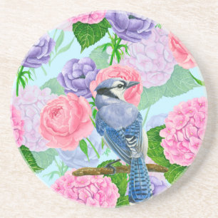 Blue jay and flowers watercolor pattern coaster