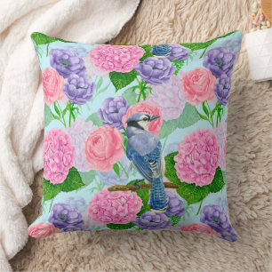 Blue jay and flowers watercolor pattern cushion