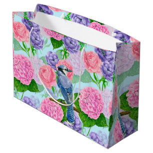Blue jay and flowers watercolor pattern large gift bag