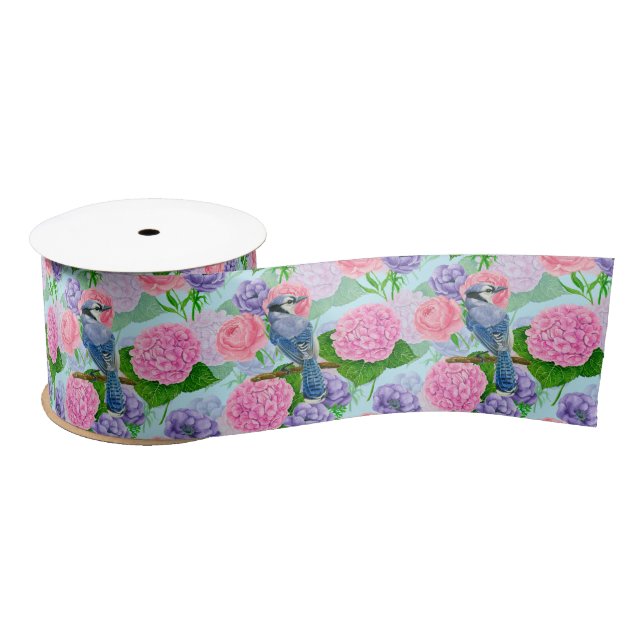 Blue jay and flowers watercolor pattern satin ribbon (Spool)