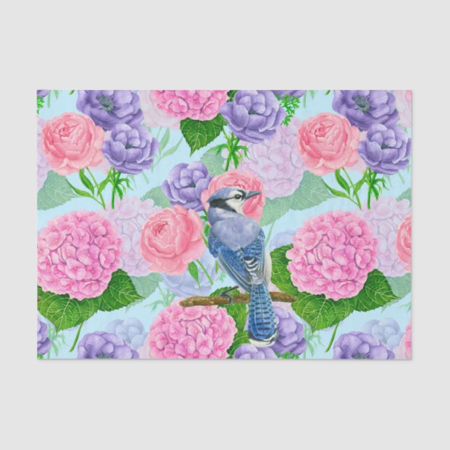 Blue jay and flowers watercolor pattern tissue paper (Front)