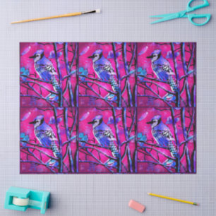 Blue Jay Bird Abstract Art Pink Decoupage Tissue Paper