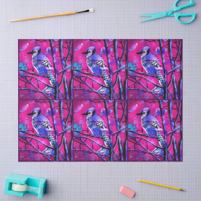 Blue Jay Bird Abstract Art Pink Decoupage Tissue Paper (Craft)