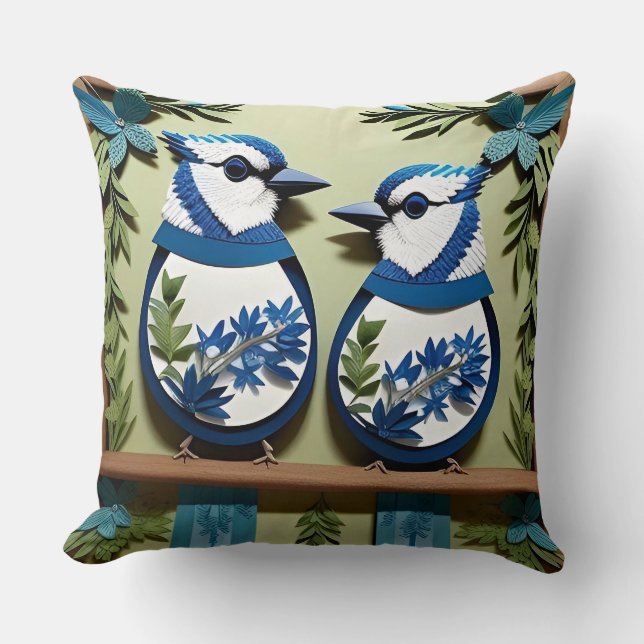 🌸 Blue Jay Bird Artistic Nature Decor 🐦 Cushion (Front)