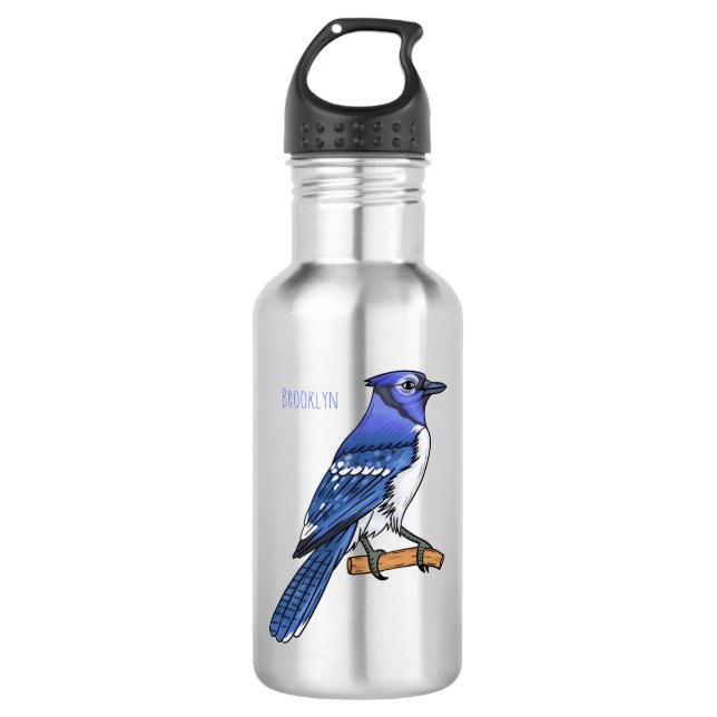 Blue jay bird cartoon illustration 532 ml water bottle (Front)