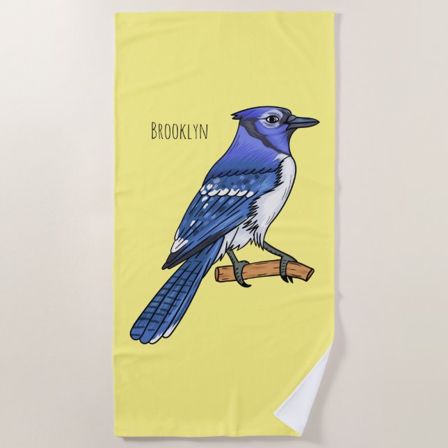 Blue jay bird cartoon illustration  beach towel (Front)