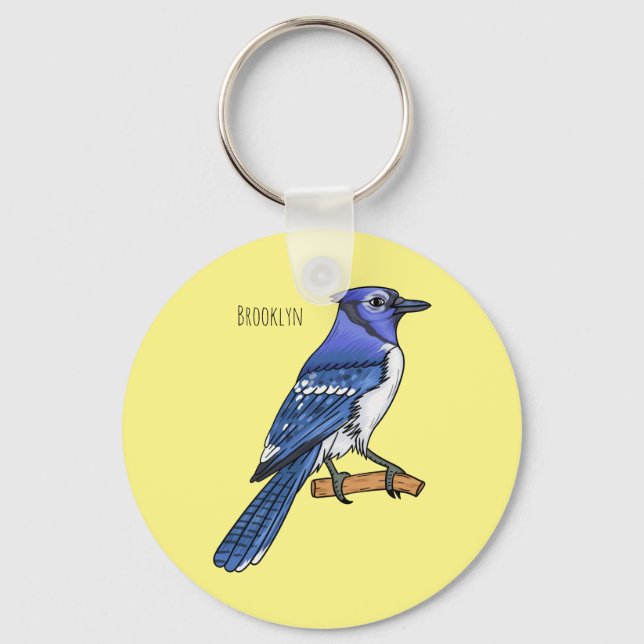 Blue jay bird cartoon illustration key ring (Front)