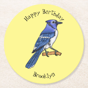 Blue jay bird cartoon illustration round paper coaster