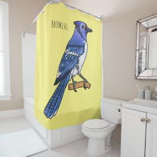 Blue jay bird cartoon illustration shower curtain