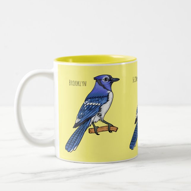 Blue jay bird cartoon illustration  Two-Tone coffee mug (Left)