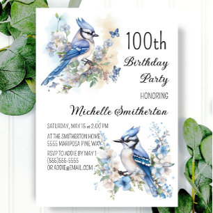 Blue Jay Bird Flowers Springtime 100th Birthday Invitation