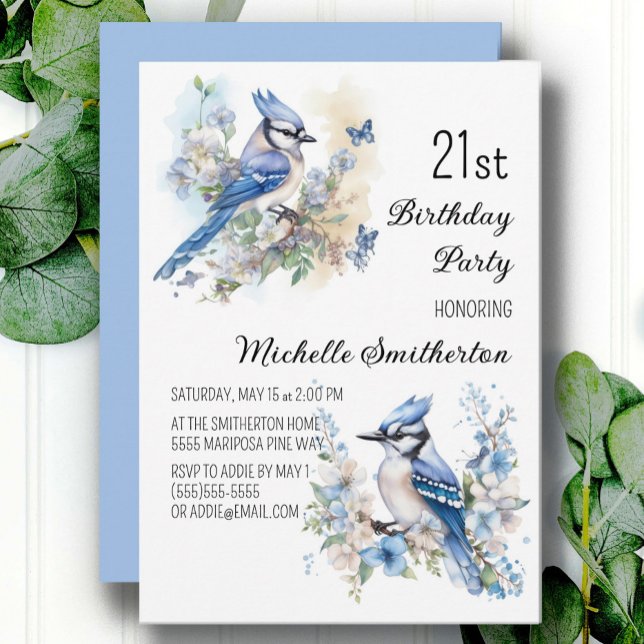 Blue Jay Bird Flowers Springtime 21st Birthday Invitation (Blue jay and butterflies women's 21st birthday party invitation, customizable with your own text.)