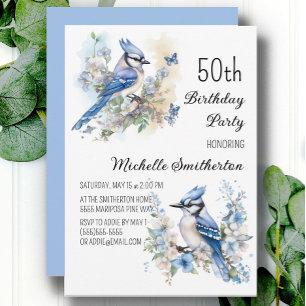 Blue Jay Bird Flowers Springtime 50th Birthday Invitation
