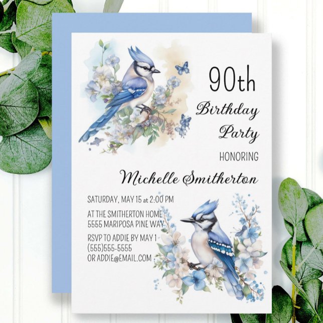 Blue Jay Bird Flowers Springtime 90th Birthday Invitation (Creator Uploaded)