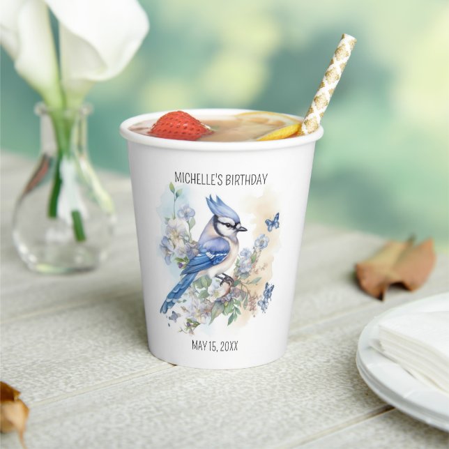 Blue Jay Bird Flowers Springtime Birthday Name Paper Cups (Insitu)