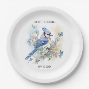 Blue Jay Bird Flowers Springtime Birthday Name Paper Plate