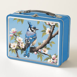 Blue Jay Bird On Pink Cherry Blossom Branch Metal Lunch Box
