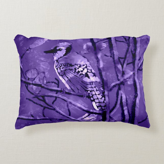 Blue Jay Bird on Tree Branch Abstract Art Purple Decorative Cushion (Front)