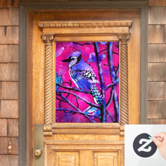 Blue Jay Bird on Tree Branch Pink Abstract Art  (Home Door)