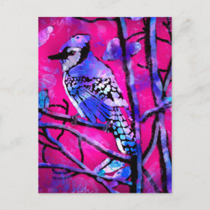 Blue Jay Bird on Tree Branch Pink Abstract Art Postcard