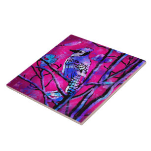 Blue Jay Bird on Tree Branch Pink Abstract Art Tile