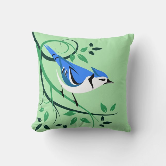 Blue Jay Bird Perched On Tree Branch Cushion (Front)