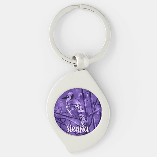 Blue Jay Bird Purple Abstract Art Personalised Key Ring (Front)