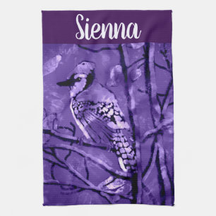 Blue Jay Bird Purple Abstract Art Personalised Tea Towel