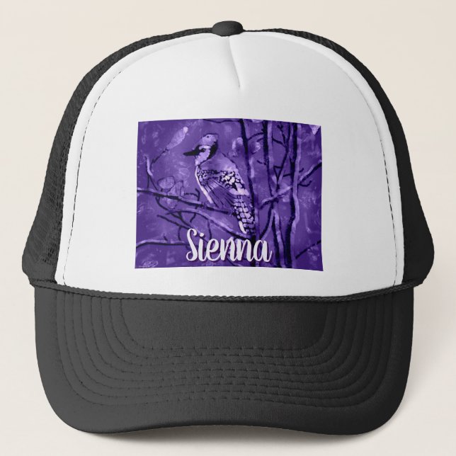 Blue Jay Bird Purple Abstract Art Personalised Trucker Hat (Front)