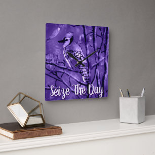 Blue Jay Bird Purple Abstract Art Personalized Square Wall Clock